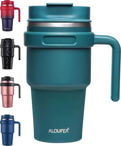 Vista 10 de Taza de café aislada de 20 onzas con asa, vaso de viaje de acero inoxidable con tapa y popote, taza térmica de doble pared al vacío a prueba de Negro