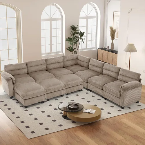 Vista 93 de HAOMARKETS Sofá esquinero modular en forma de L de 115 pulgadas con 2 otomanas móviles, sofás de pana de 8 plazas con cojín grueso para sala de Beige