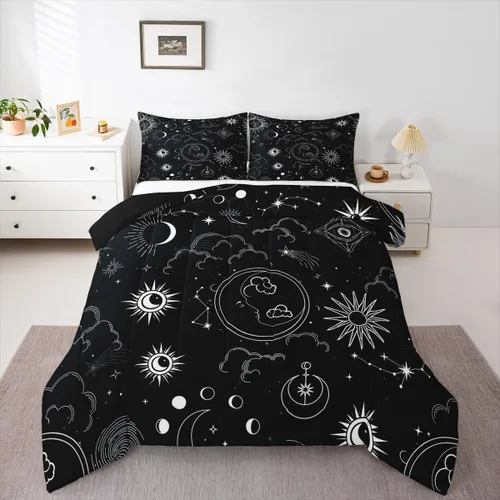 Vista 12 de Juego de edredón de polilla de la muerte, juego de ropa de cama tamaño individual, diseño de calavera gótica, flores botánicas, juego de edredón