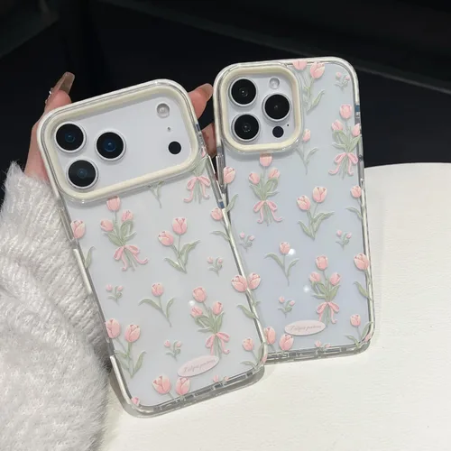 Vista 4 de Funda para iPhone 13, color blanco Funda para teléfono con diseño floral de tulipanes rosados para iPhone