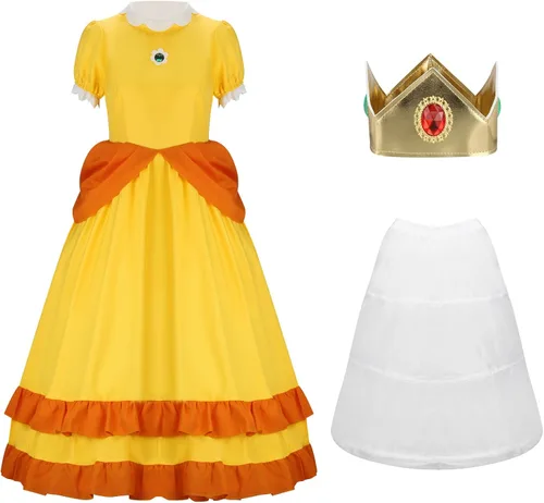 Vista 4 de ZIFUNMUR Disfraz de princesa de margarita melocotón para mujer, con corona, vestido de Super Brothers para adultos, vestido de baile de Halloween