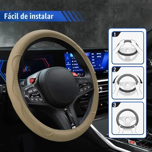 Vista 6 de Funda de cuero para volante de automóvil, 15 pulgadas, antideslizante, transpirable, protector de volante automotriz, accesorios universales