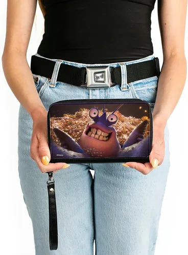 Vista 3 de Buckle-Down Cartera de Disney, cierre de cremallera alrededor, Moana Tamatoa sonriente cara de cerca, cuero vegano