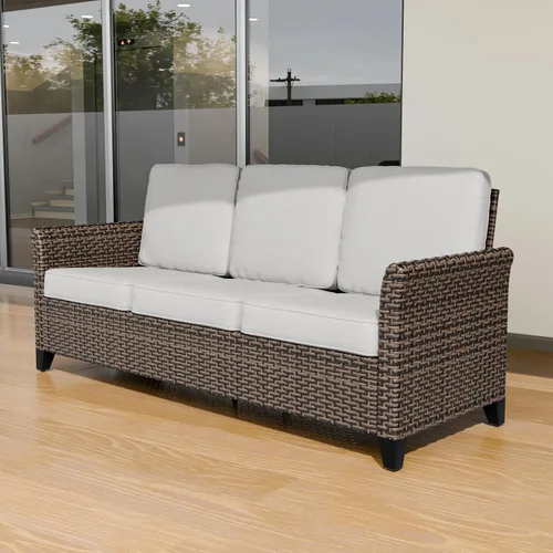 Vista 5 de COOS BAY Harbor Retreat - Sofá para exteriores, sofá de ratán de 3 plazas con cojines, muebles de patio pequeños para balcón o terraza, marrón/beige