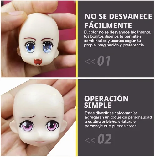 Vista 2 de EXCEART Calcomanías de ojos de muñeca y calcomanías de agua para cejas, 8 hojas de estilo mixto, calcomanías de maquillaje para muñecas