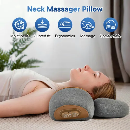 Vista 7 de Almohada masajeadora de cuello recargable 3 en 1 con calor, vibración y tracción, alivio del dolor de tejido profundo, corrector de joroba cervical