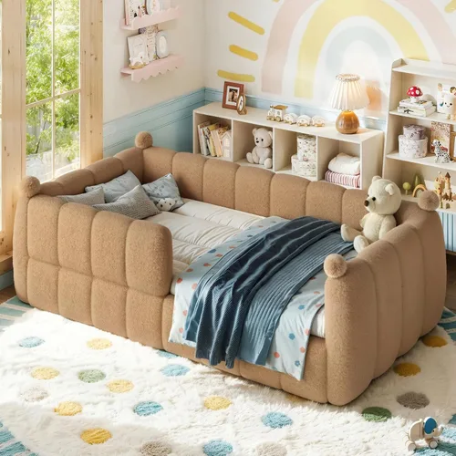 Vista 25 de Cama de suelo tapizada con valla, cama de piso tamaño individual con Beige