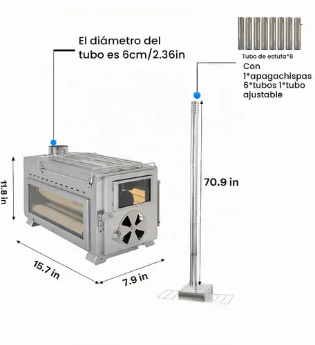Vista 5 de Estufa de leña portátil Dandelion shell para acampar con vidrio de visualización y función de cocción, 8 chimeneas de acero inoxidable para refugio