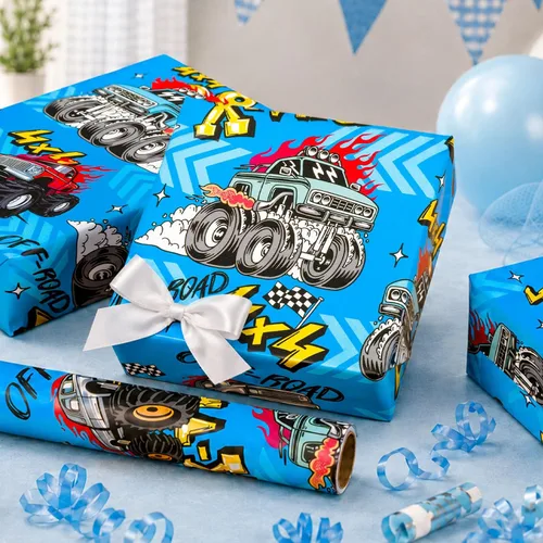 Vista 7 de Burymento Monster Truck Wrapping Paper Roll, Boys Birthday Wrapping Paper