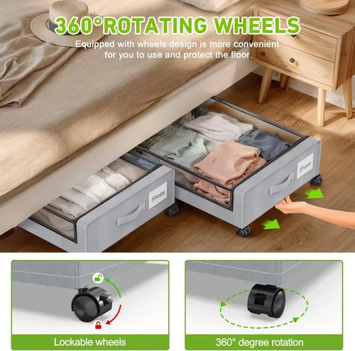 Vista 3 de Almacenamiento debajo de la cama con ruedas, paquete de 4 contenedores de almacenamiento debajo de la cama con tapas y cremalleras transparentes