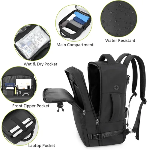 Vista 4 de Mochila de Viaje Snoffic para Mujer, Negro, 17 pulg.