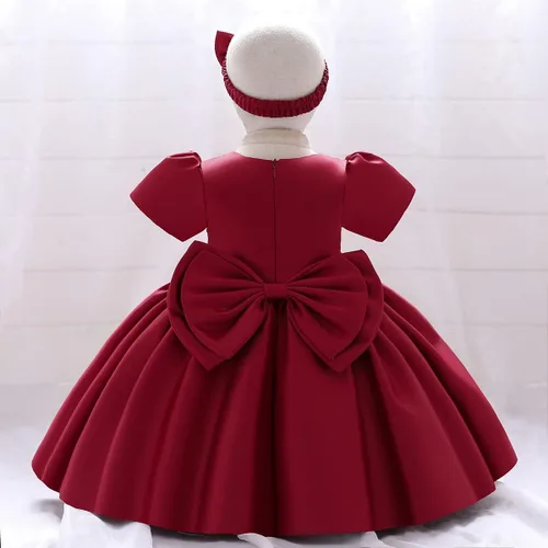 Vista 3 de IDOPIP Flower Girl Bowknot Tutu Dress for Kids Baby Wedding Communion Birthday Party Pageant Baptism Dresses with Headwear