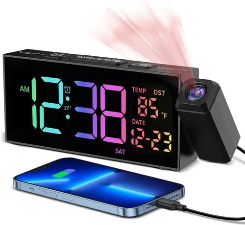 Vista 9 de Netzu Reloj de proyección para techo de dormitorio, despertador, color Blanco y RGB