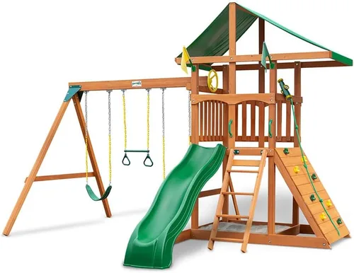 Vista 3 de Gorilla Playsets 01-1076 Avalon - Juego de columpios de madera con techo de vinilo verde de gran tamaño, pared de escalada, escalera, columpios