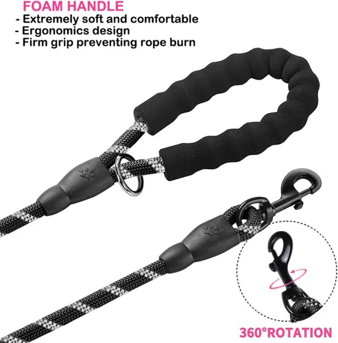 Vista 4 de JSXD Correa resistente de doble asa para perro, 5 pies, acolchada y reflectante, cuerda para perros pequeños a grandes (negro)