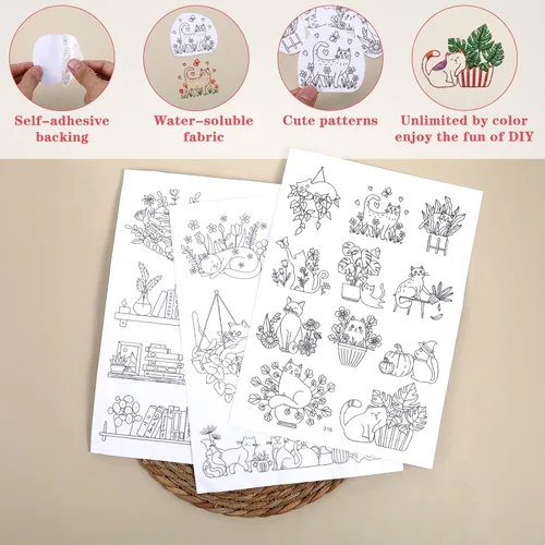 Vista 3 de 3 piezas de papel de bordado estabilizador soluble en agua y puntada, papel de bordado para lavar el hogar, gatos, patrón de bordado cruzado