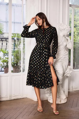 Vista 2 de GRACE KARIN Vestido de verano con cuello en V y mangas con volantes para mujer, vestido midi con vuelo y escalonado, vestido de cóctel