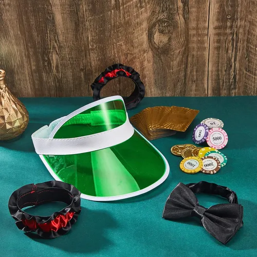 Vista 7 de Hicarer Disfraz de casino de 3 piezas, incluye visera verde de reparto pajarita y brazalete de repartidor de plástico, sombreros estilo casino