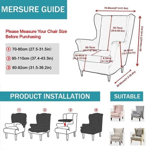 Vista 5 de NILUOH Funda para silla con respaldo de alas de 2 piezas, funda de silla de alas suaves elásticas de color sólido, funda de sillón sofá