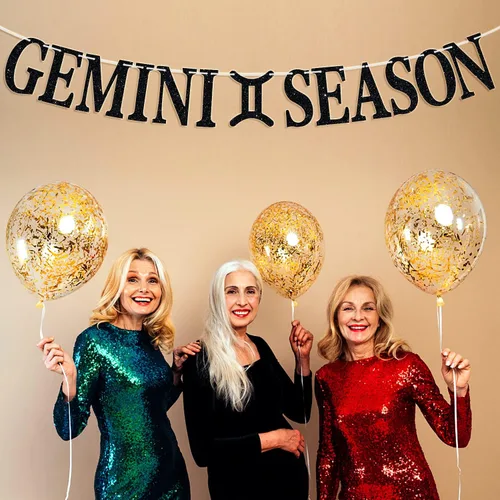 Vista 5 de Cartel de la temporada de Géminis con purpurina negra, letrero de feliz cumpleaños, energía de géminis grande, 12 constelaciones del zodiaco tema