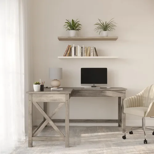 Vista 3 de Lavish Home Escritorio para computadora, escritorio en forma de L con patas en forma de X, para oficina, computadora o mesa de manualidades Gris