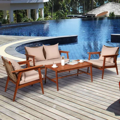 Vista 3 de Tangkula juego de 4 sofás de madera de patio, juego de asientos de madera de acacia para exterior con cojines y mesa de centro, juego de sofá