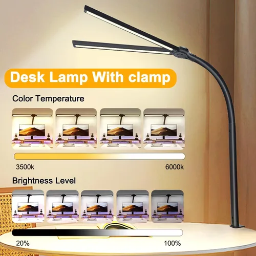 Vista 4 de lámpara de escritorio LED de doble cabezal para oficina - lámpara para el cuidado de los ojos con abrazadera, luz de escritorio de cuello de ganso