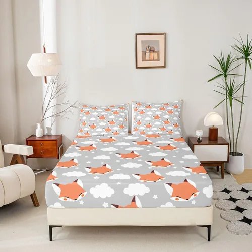 Vista 4 de Erosebridal Juego de ropa de cama de zorro para niños, sábana bajera ajustable de zorro de dibujos animados para niños y niñas, decoración