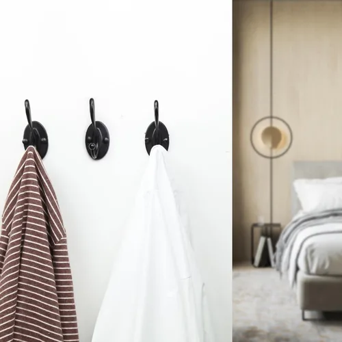 Vista 2 de 5 ganchos negros para abrigos montados en la pared, ganchos de pared negros mate con tornillos, ganchos de metal negro mate para toallas para baños