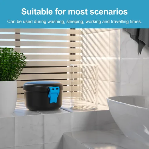 Vista 7 de BVN Taza de baño de dentadura a prueba de fugas para viajes, taza de dentadura para remojar dentaduras, estuche de limpieza retenedor con colador