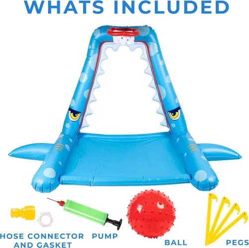 Vista 3 de Zone Tech - Aspersor de salpicaduras para niños al aire libre, gran aspersor inflable de tiburón con aro de baloncesto, almohadilla de salpicaduras