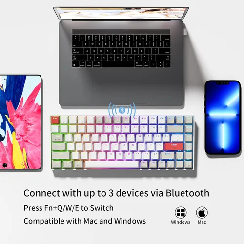 Vista 3 de Newmen GM840 75% teclado inalámbrico Bluetooth2.4Gcable compacto 84 teclas, teclado mecánico intercambiable en caliente, retroiluminado RGB, teclado