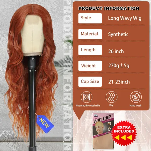 Vista 2 de Peluca larga de cobre para cosplay, peluca sintética de 26 pulgadas, parte media, regalos realistas, pelucas de fiesta para mujeres, uso diario