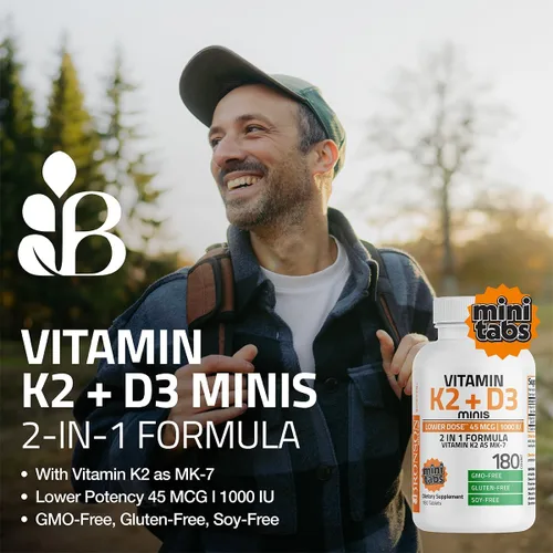 Vista 3 de Bronson Vitamina K2 (MK7) con D3 Dosis Más Baja 45mcg Vitamina K2 y 1000 UI Vitamina D3 Fácil de Tragar Mantenimiento Diario Fórmula 2 en 1 Sin OGM