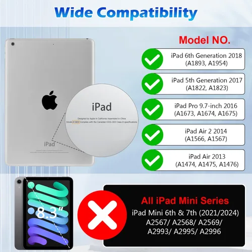 Vista 2 de Zonefoker Fundas para iPad de 6ª generación 2018/2017, iPad Air 2 2014, iPad Air 2013, iPad Pro 9.7 pulgadas 2016 con soporte para lápices, funda