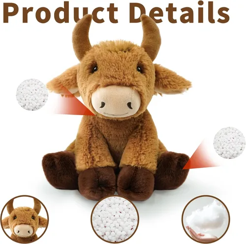 Vista 3 de Juguetes de peluche de toro, 8.5 pulgadas, suave y tierno juguete de animales de peluche de toro, lindos y realistas, regalos para niños y niñas