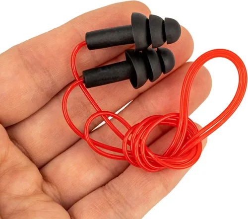 Vista 5 de SAFE HANDLER CovertX Tapones para los oídos Tapón para los oídos reductor de ruido, con cable, negro con cable rojo (5 pares)