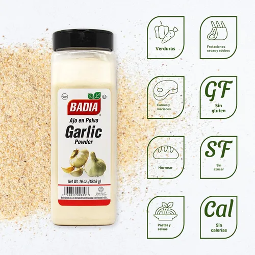 Vista 2 de Badia Ajo en polvo, 16 onzas – Polvo de ajo premium para cocinar, condimentos y mezclas de especias, recién molido y sabroso