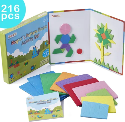 Vista 2 de ZazzyKid Juego de bloques de patrón magnético para niños: 216 piezas rompecabezas de forma geométrica Tangram - STEM