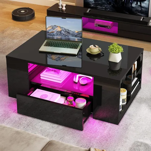 Vista 3 de Mesas de centro LED modernas YITAHOME para sala de estar Wood Center Table with 2 Storage Drawers, Open Shelves, High Gloss Finish, LED Lighting