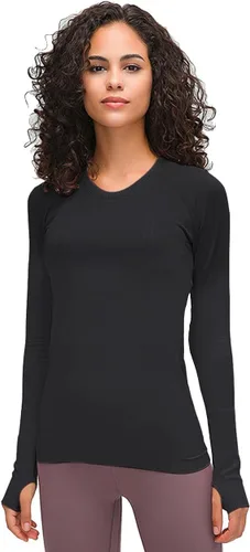 Vista 5 de Camiseta sin costuras para mujer, de manga larga, perfecta para yoga, gimnasio, para deportes y fitness, ajuste entallado