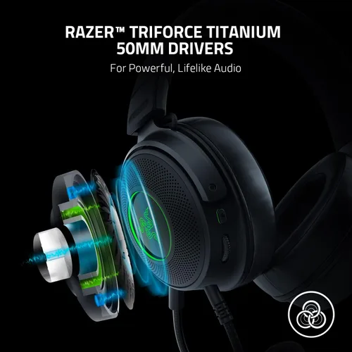Vista 2 de Auriculares Razer Kraken V3 con cable USB para juegos: Controladores Triforce Titanium de 50 mm - Micrófono HyperClear desmontable (Reacondicionado)