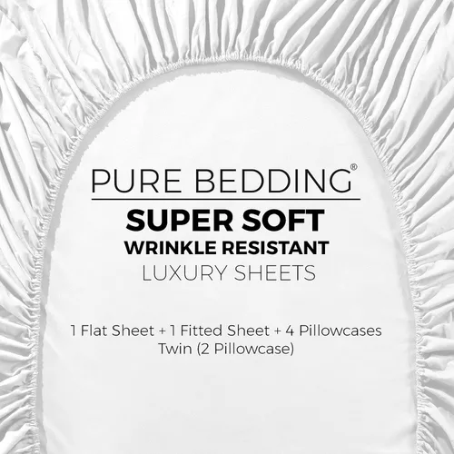 Vista 5 de Pure Bedding Sábanas – Juego de sábanas Queen [4 piezas, blancas] – Hotel Luxury 1800 microfibra cepillada – Suave y transpirable – Sábana bajera