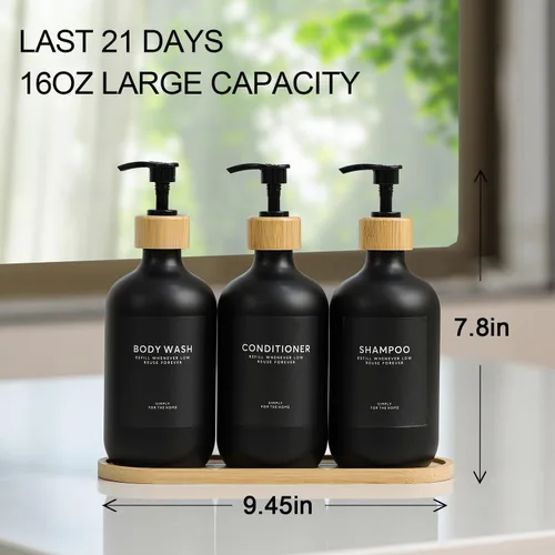 Vista 5 de Dispensador de champú y acondicionador, 16.9 onzas, juego de 3 dispensadores de champú de ducha recargables de plástico con bandeja de bambú
