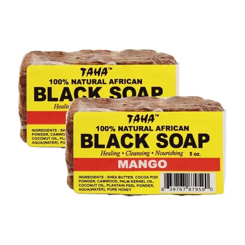 Vista 3 de Taha Barra de jabón negra africana, orgánica y 100% natural, calmante e hidratante, limpieza saludable, ideal para manchas, acné, cuero cabelludo
