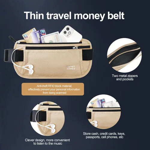 Vista 132 de DAITET Cinturón de dinero, soporte para pasaporte, cartera de viaje oculta segura con bloqueo RFID, riñonera encubierta (negro), Negro, Rfid