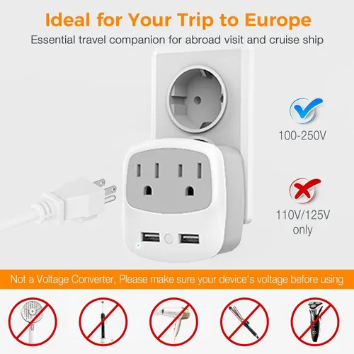 Vista 8 de TESSAN Convertidor de adaptador de enchufe europeo de viaje International Power Plug Converter, 2 USB Ports, Type C Outlet, US to Most of Europe