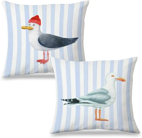Vista 14 de Fundas de almohada costeras de langosta, fundas de almohada náuticas de langosta roja de Nueva Inglaterra con rayas azules y blancas para casa
