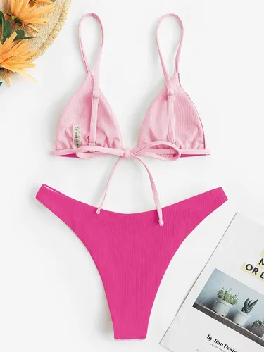 Vista 5 de ZAFUL Conjunto de bikini triangular acanalado para mujer, bikini atrevido con bloques de color, traje de baño brasileño