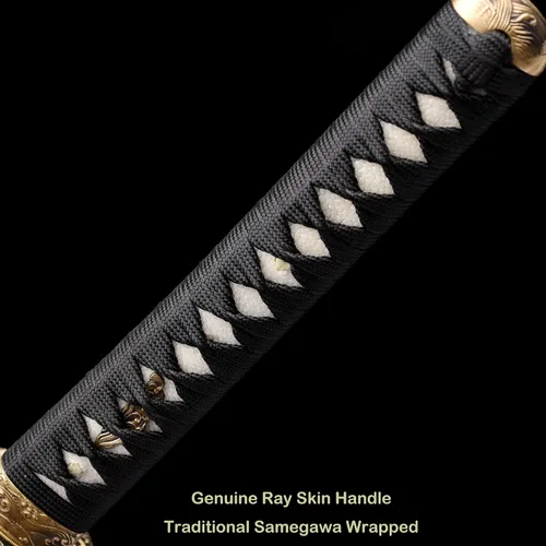 Vista 5 de Espada Katana Samurai, templada en arcilla, acero T10, Hamon real, espada completa Full Tang, hecha a mano, samurái, extremadamente afilada